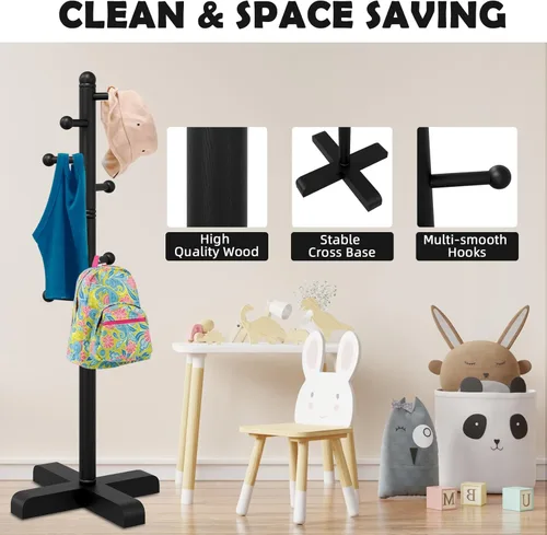 Vista 4 de Perchero independiente con 8 ganchos, 2 alturas ajustables, perchero de árbol para dormitorio, pasillo, entrada, oficina, sombreros, bolsos, bolso