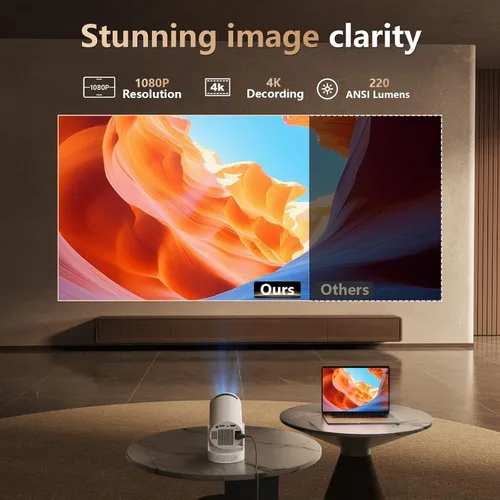 Vista 4 de Mini proyector, compatible con 4K 1080P, 220 lúmenes ANSI, giratorio de 180° con aplicaciones integradas, enfoque Keystone vertical automático