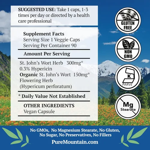Vista 2 de Pure Mountain Botanicals Cápsulas de hierba de San Juan con fórmula de 450 mg de hierba orgánica y suplemento de extracto de hierba de San Juan