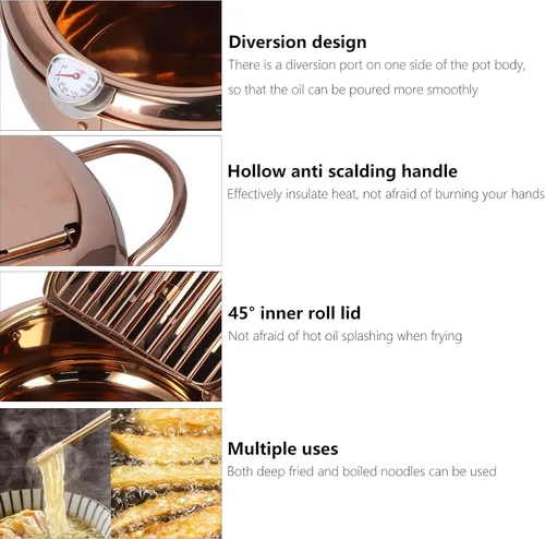 Vista 4 de Olla de freidora de 3.4 L, estilo japonés, mini freidora de acero inoxidable con tapa de termómetro y escurridor de aceite para cocina, papas