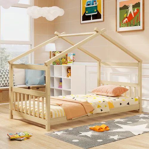 Vista 14 de Giantex Cama de casa individual, cama de madera maciza para niños con techo, cabecera y estribo, marco de cama individual para niños pequeños, Gris