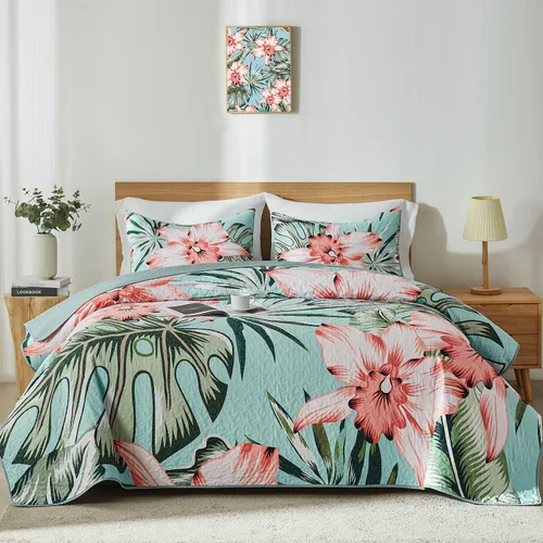 Vista 9 de Yogeneg Juego de ropa de cama Queen con patrón botánico blanco y verde, juego de edredón de 3 piezas ligero y suave de verano con 2 fundas