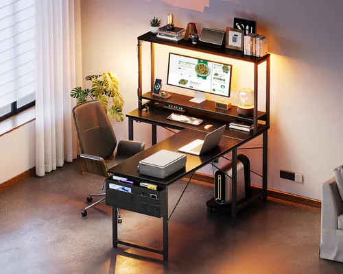 Vista 9 de ODK - Escritorio en forma de L de 53 pulgadas con iluminación LED, escritorio reversible para juegos con enchufes de alimentación, mesa de esquina