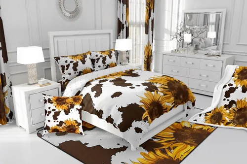 Vista 6 de Funda de edredón con estampado de vaca marrón para niñas y niños, funda de edredón de piel de vaca de las tierras altas, juego de ropa de cama