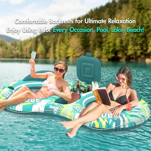 Vista 5 de Sunikko X 5-in-1 Pool Floats Adult Heavy Duty River Tube, 2 Person Water Lounge Tanning Pool with Backrests, Built-in Cooler, Cup Holders, Deluxe