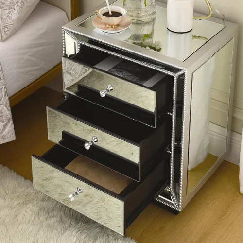 Vista 68 de HomVent Mesita de noche con espejo, mesa auxiliar con espejo, mesa de noche pequeña de cristal plateado para dormitorio, sala de estar