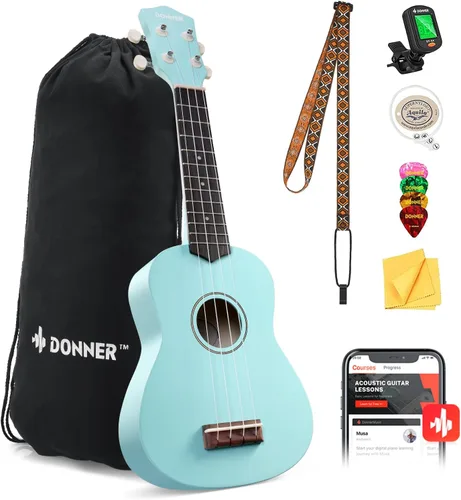 Vista 10 de Donner Ukulele Soprano para Principiantes de 21 Pulgadas, Ukulele Mate, Kit para Principiantes con Bolsa, Correa, Afinador, Cuerdas, Púas, Paño