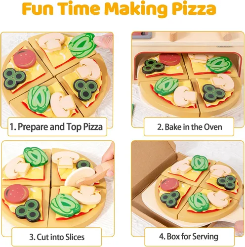 Vista 4 de 50 piezas de juguetes de madera para pizza, juguetes Montessori de simulación, juego de mesa de pizza de madera con horno para hornear, comida