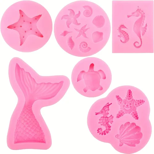 6 moldes de silicona con temática oceánica de cola de sirena, caballito de mar, tortugas marinas, conchas de mar, para hacer dulces, chocolate,