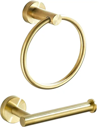 Vista 8 de BATHSIR Soporte de papel higiénico dorado cepillado y soporte para toallas de mano, 2 piezas, doble poste pivotante, redondo, moderno, accesorio