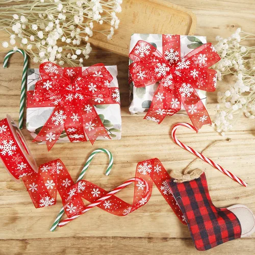 Vista 4 de Cinta de Navidad de 22 yardas x 1 pulgada, cinta roja de copo de nieve para manualidades, envoltura de regalos, decoración de Navidad de invierno