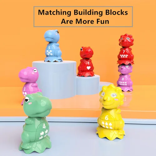 Vista 5 de Juguete de dinosaurio apilable a juego para niños pequeños 10 piezas de dinosaurios rompecabezas de aprendizaje con números, patrones, conteo