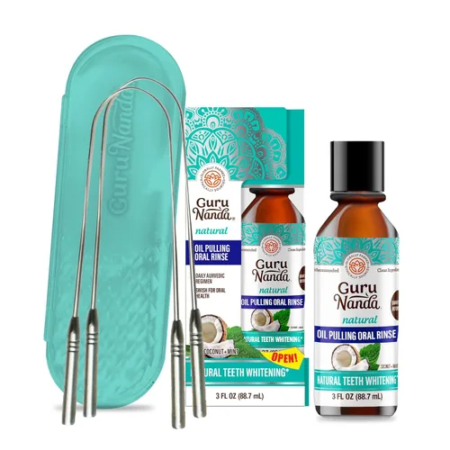 GuruNanda Aceite de coco con 7 aceites esenciales y vitamina D3, E, K2-3 onzas + raspador de lengua para adultos, 2 unidades (paquete de 1) con