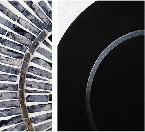 Vista 3 de i-lan Juego de 2 bajoplatos decorativos de madreperla para exhibición, bajoplatos de madera con incrustaciones de concha marina de 13" para cena