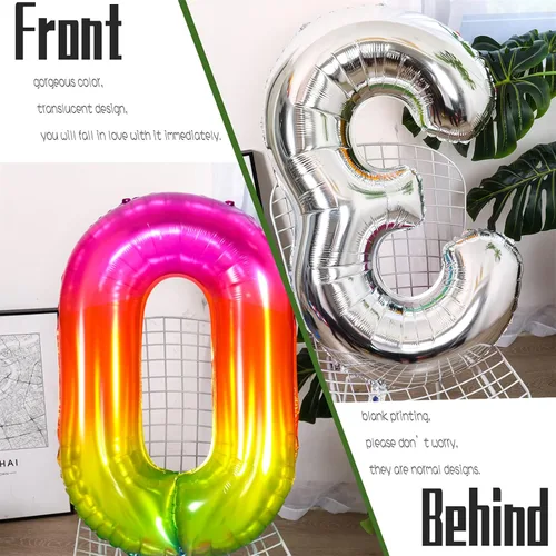Vista 3 de Globo numérico, globos numéricos gigantes de 40 pulgadas para decoraciones de cumpleaños arco iris, globos numéricos grandes de 0 de mylar