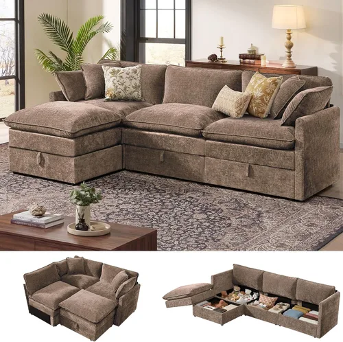 Vista 34 de Ihanherry Sofá modular de 103 pulgadas con almacenamiento, sofá de nube en forma de U con otomanas móviles y 4 almohadas, sofás seccionales de Beige