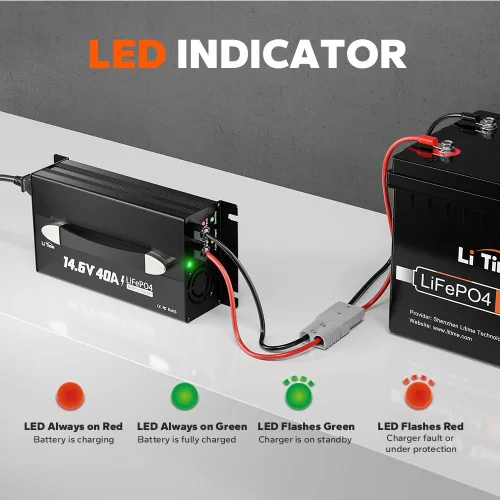 Vista 4 de LiTime Cargador de batería de litio de 14.6 V 40 A, montable para batería LiFePO4 de 12 V con mango e indicador LED, cargador inteligente AC-DC