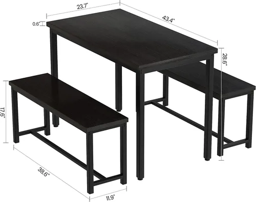 Vista 5 de Juego de mesa de comedor con 2 bancos, juego de mesa de comedor de estilo granja para 4-6 personas, juego de mesa de desayuno de madera, juego
