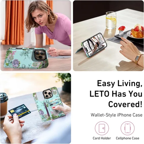 Vista 98 de LETO para iPhone 15 Pro Funda tipo cartera - Tapa tipo folio con patada - Diseños de moda - Tarjetero - Funda protectora para mujeres y niñas - 6.1