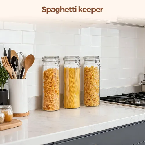 Vista 6 de ComSaf Juego de 3 tarros de vidrio herméticos, tarros de almacenamiento de alimentos de 0.5 galones con tapas, recipiente alto para espaguetis