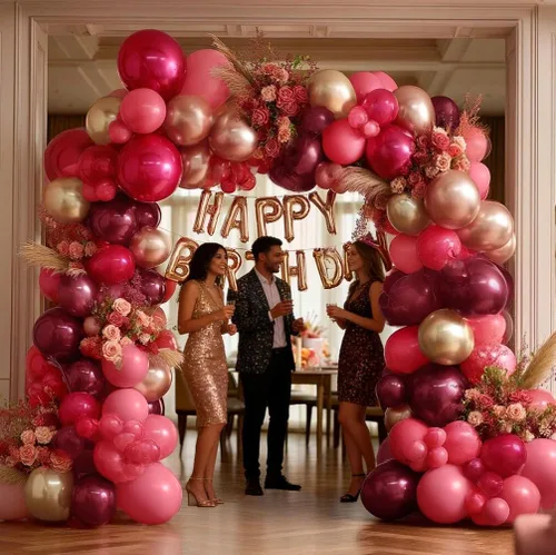 Vista 7 de Arco de globos color burdeos rosa con doble relleno, globos dorados granate, rojo oscuro, rosa, dorado, kit de guirnalda de globos para cumpleaños