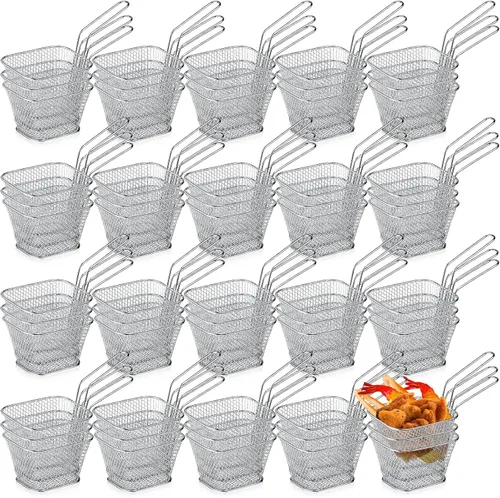 Maxdot 60 unidades, mini cesta cuadrada para papas fritas con asa cromada, soporte para papas fritas, cesta de presentación de alimentos,