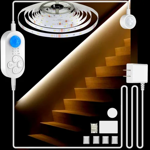 Vista 9 de Luces de Escalera con Doble Sensor para Interiores, Tira de Luz para Escalones Activada por Movimiento Enchufable para Interiores con Atenuador