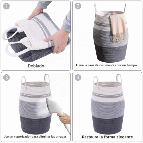 Vista 8 de Cesta de lavandería de cuerda de algodón YOUDENOVA, 105 l - Cesta de lavandería tejida plegable - Cesta de almacenamiento de ropa para cobijas Marrón