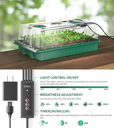 Vista 2 de Bandeja de inicio de semillas, bandejas de inicio de semillas de 80 celdas con luz de crecimiento y cúpula de humedad, kit de germinación