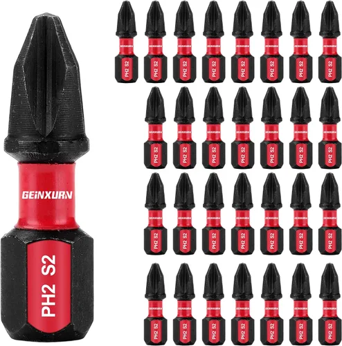 Geinxurn Impact Tough #2 Phillips - Juego de puntas de destornillador de 1 pulgada, paquete de 30 puntas de destornillador PH2 a granel