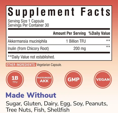Vista 5 de Vitalibre Akkermansia Muciniphila Probiotic 1 mil millones de TFU con inulina prebiótica natural, aumenta naturalmente GLP-1, digestión saludable