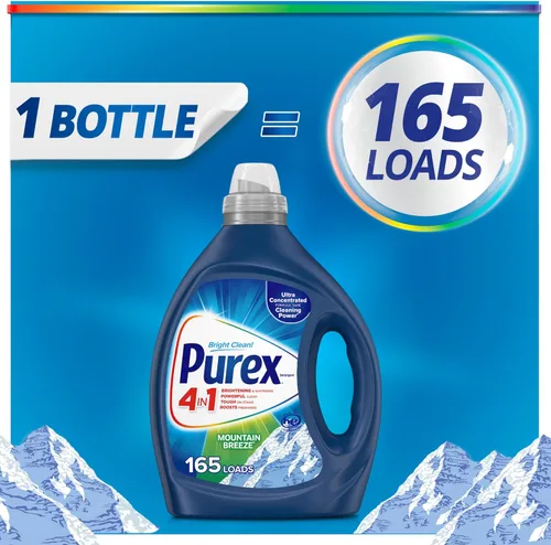 Vista 3 de Purex Detergente Líquido para Ropa 4 en 1, Mountain Breeze, 82.5 oz, 165 Cargas, Detergente para Ropa Ultra Concentrado, Ilumina y Blanquea