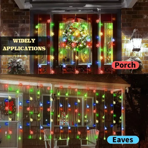 Vista 3 de Newhale Tira de luces de cortina de Navidad con 8 modos de luces con copo de nieve y estrella, luces de pared para decoración de Navidad