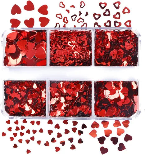 Vista 5 de 6 rejillas de corazón rojo con lentejuelas holográficas de corazón para uñas, calcomanías de arte de uñas, calcomanías de amor para uñas de San