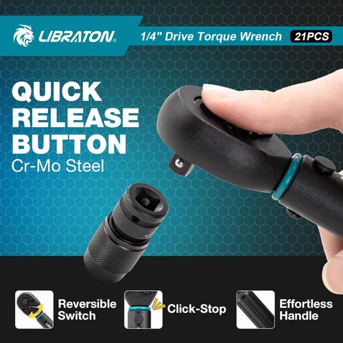 Vista 6 de LIBRATON Llave dinamométrica para bicicleta, 1/4", 2-14 Nm, llave dinamométrica de engranaje de 72 dientes, juego de llaves de torsión de micro clic