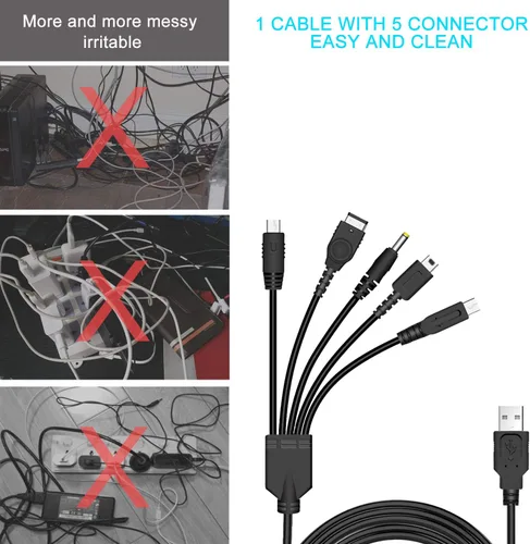 Vista 5 de Xahpower Cable de carga USB 5 en 1 para Nintendo NDS LiteWii UNew 3DS (XLLL), 3DS (XLLL), 2DS, DSi (XLLL), NDSGBA SP (Gameboy Advance sp), PSP 1000