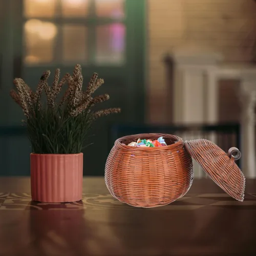 Vista 4 de ABOOFAN Cesta de almacenamiento de mimbre de 5.9 in con forma de calabaza, cesta de huevos con tapa, cesta de pan de alimentos, cesta de aperitivos