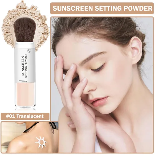 Vista 2 de Polvo de ajuste de protector solar mineral para cara y cuero cabelludo, SPF 35 polvo mineral cepillo protector solar control de aceite acabado mate