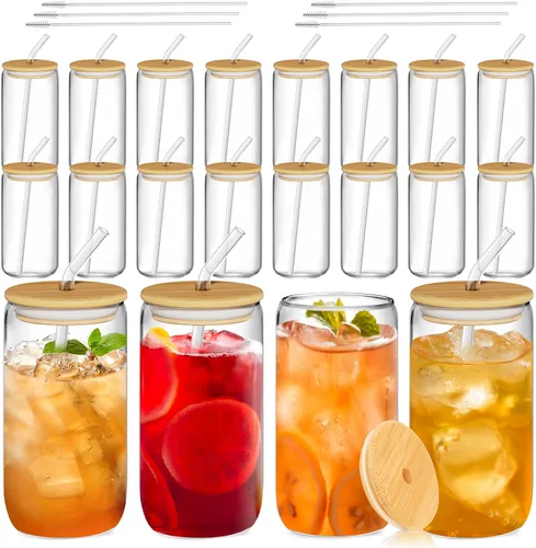 Vista 9 de 12 vasos de vidrio con tapas y pajitas de bambú, vaso de vidrio de 16 onzas, taza de café helado, vasos con forma de lata para café, té, batido