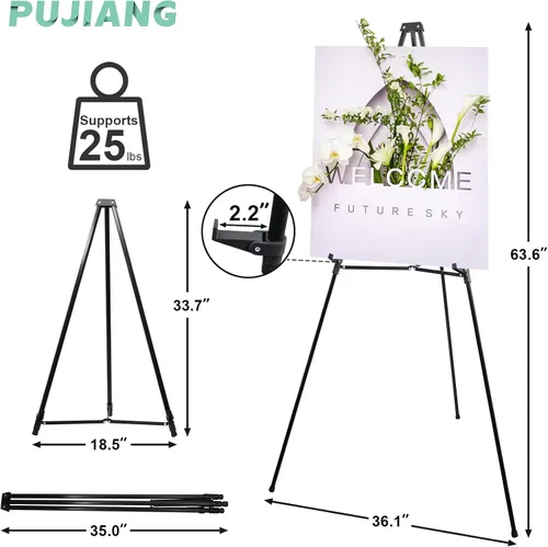 Vista 7 de PUJIANG Caballete telescópico de aluminio de 63 pulgadas, trípode ligero ajustable para piso de 25 libras, letrero de exhibición de caballetes