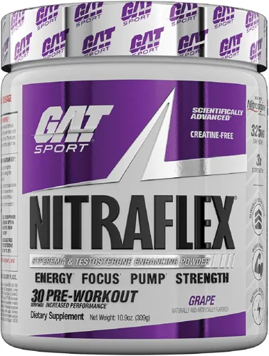 GAT Sport Nitraflex - Polvo avanzado de preentrenamiento, aumenta el flujo sanguíneo, aumenta la fuerza y la energía, mejora el rendimiento del