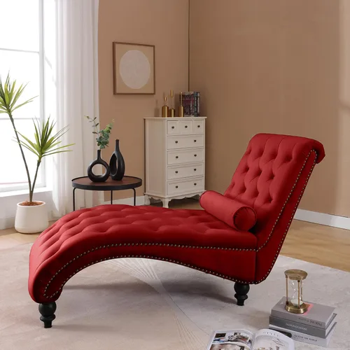 Vista 8 de Moderna tumbona de terciopelo para interiores con ribete de cabeza de clavo, sillón sin brazos con botones para interior con almohada lumbar y 4