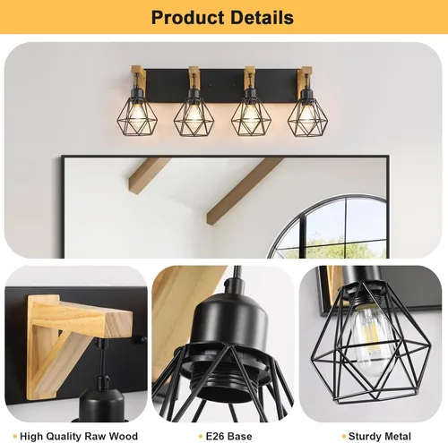 Vista 4 de Maesta accesorios de iluminación de baño de 4 luces estilo granja, luz de baño de madera sobre espejo, apliques rústicos de pared con elegante