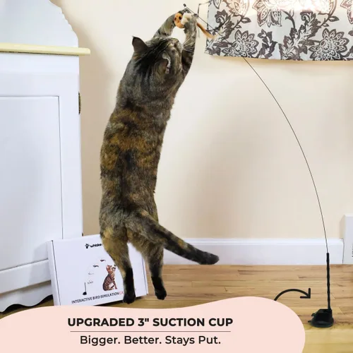 Vista 2 de Whiskertons Juego de juguetes interactivos de simulación de pájaros, juguetes interactivos para gatos de interior, juguete de plumas de gato, base