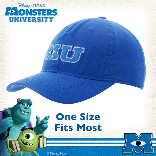 Vista 4 de Concept One Disney Pixar Monsters University MU - Sombrero de béisbol de algodón ajustable con gancho y lazo con ala curvada azul marino talla única