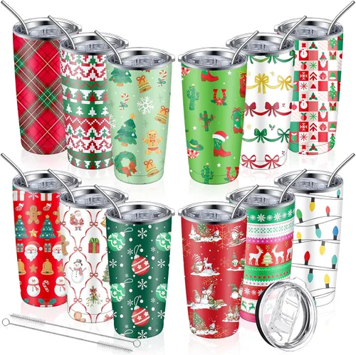 Vista 11 de 12 Piezas Vasos Navideños de Regalo 20oz Vaso de Viaje Navideño Taza Navideña de Acero Inoxidable Aislado Taza de Café con Tapa y Pajita para Regalo
