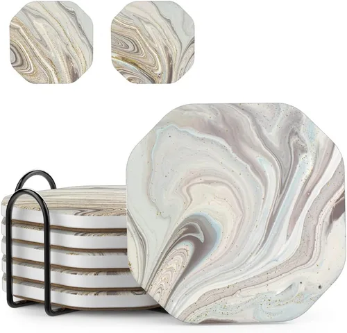 Vista 13 de UMIRRO Posavasos de cerámica y piedra absorbentes con soporte para mesa de café de madera Decoración, Posavasos de gres para tazas para bebidas