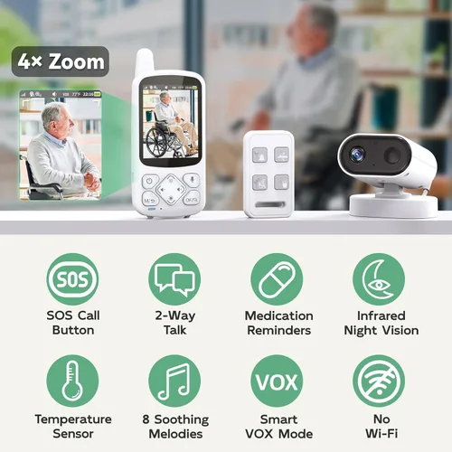 Vista 2 de Monitor de ancianos con cámara y audio, conversación de 2 vías/botón de llamada/zoom panorámico Room Monitors for Elderly, Med Reminder, Temp
