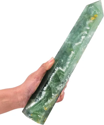 Vista 42 de AMOYSTONE Torre de obelisco de cristal curativo extra grande de aventurina azul con punta de cristal, decoración Reiki 1-1.2 KG