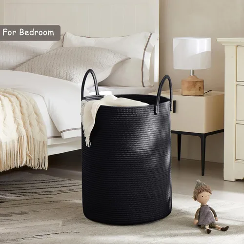 Vista 2 de Cesta de lavandería de 62L en negro con cuerda trenzada, cesta de almacenamiento para ropa y mantas, cesta alta y moderna para sala de estar